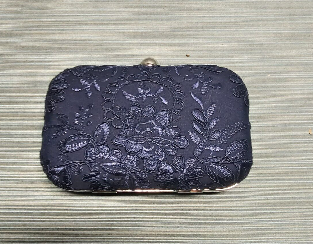 Free People Chi Chi London Navy Blue Embroidered Clutch Purse Metal NWOT